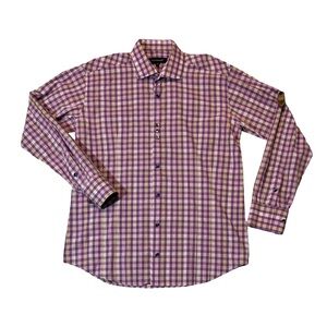 Bogosse mens 4 L Large purple check pattern button up casual shirt EUC